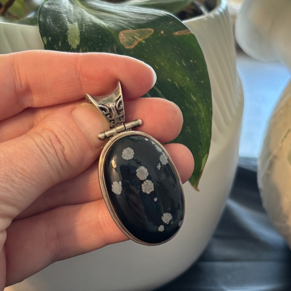 Large Sterling Silver Snowflake Obsidian Pendant – 2”